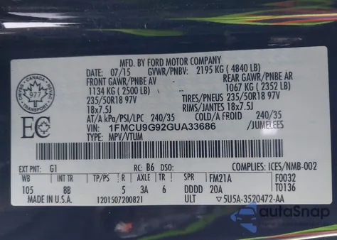 2016 Ford Escape Se z USA, uszkodzony, nr VIN 1FMCU9G92GUA33686